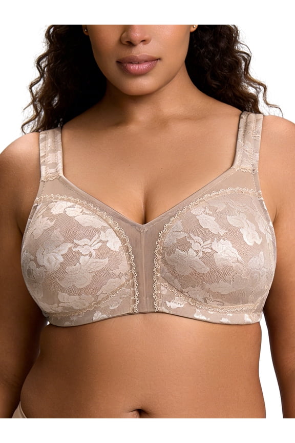 Women Full Coverage Non Padded Bras Plus Size Minimizer Bra Wirefree Push Up Brown Bras Clothes-Size 42D