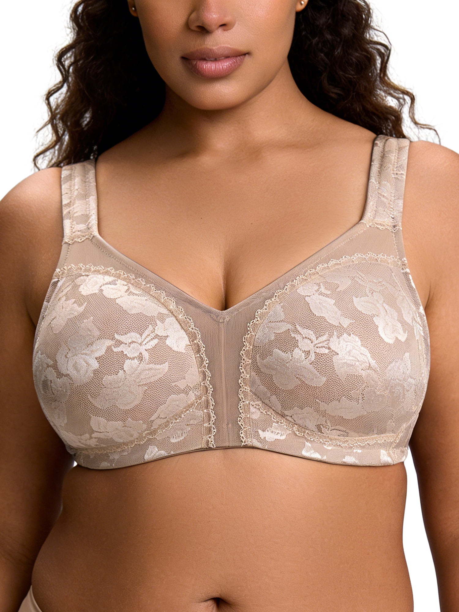 Deyllo Women Full Coverage Non Padded Bras Plus Size Minimizer Bra Wirefree Push Up Brown Bras Clothes-Size 48DD