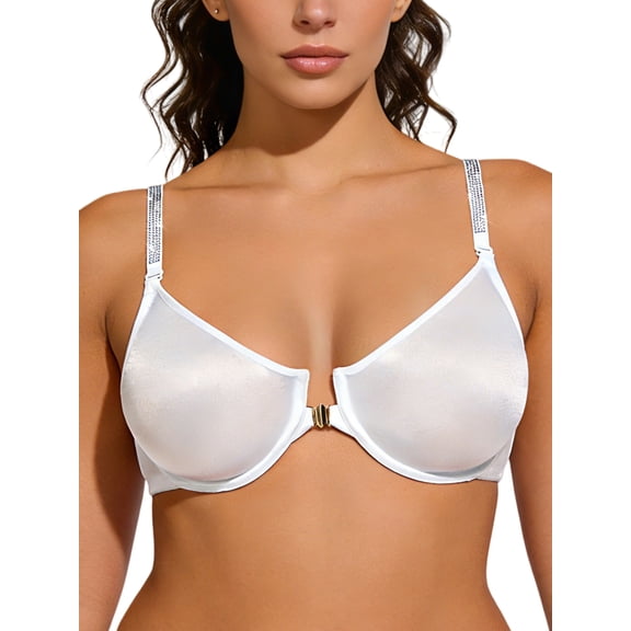 Deyllo Women Lace Push Up Bras Front Closure Bras Unlined Underwire Support Racerback Bralette White Bra Clothes Size 38C