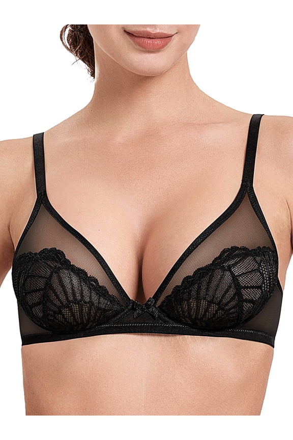Women Lace See-Through Bra Underwire Support Push Up Bras Unlined Non Padded Lightweaight Breathable Black Underwear Bras 38DD