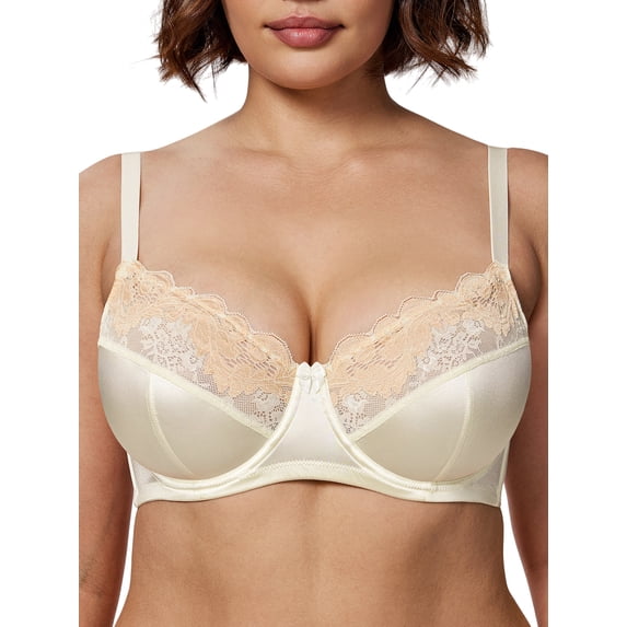 Deyllo Women Minimizers Bra Plus Size Full Coverage Lace Underwire Bras No Padding Soft Cups Ivory Bralette Bra Clothes Size 36DD