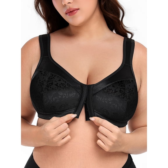 Deyllo Women Plus Size Bras Front Closure Minimizer Bras Non Padded Soft Comfort Bras No Underwire Wireless Black Bras Clothes Size 42D