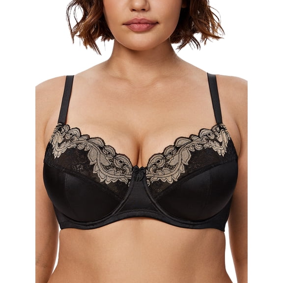 Deyllo Women Plus Size Bras Non-Padded Soft Full Figure Bra Unlined Lace Black Underwire Bralette Bra Clothes Size 38B