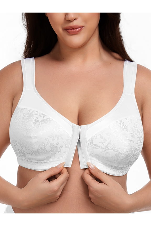 Women Plus Size Front Closure Bras Full Figure Minimizer Bras Wireless Non Padded No Underwire White Bras Clothes Size 42DD