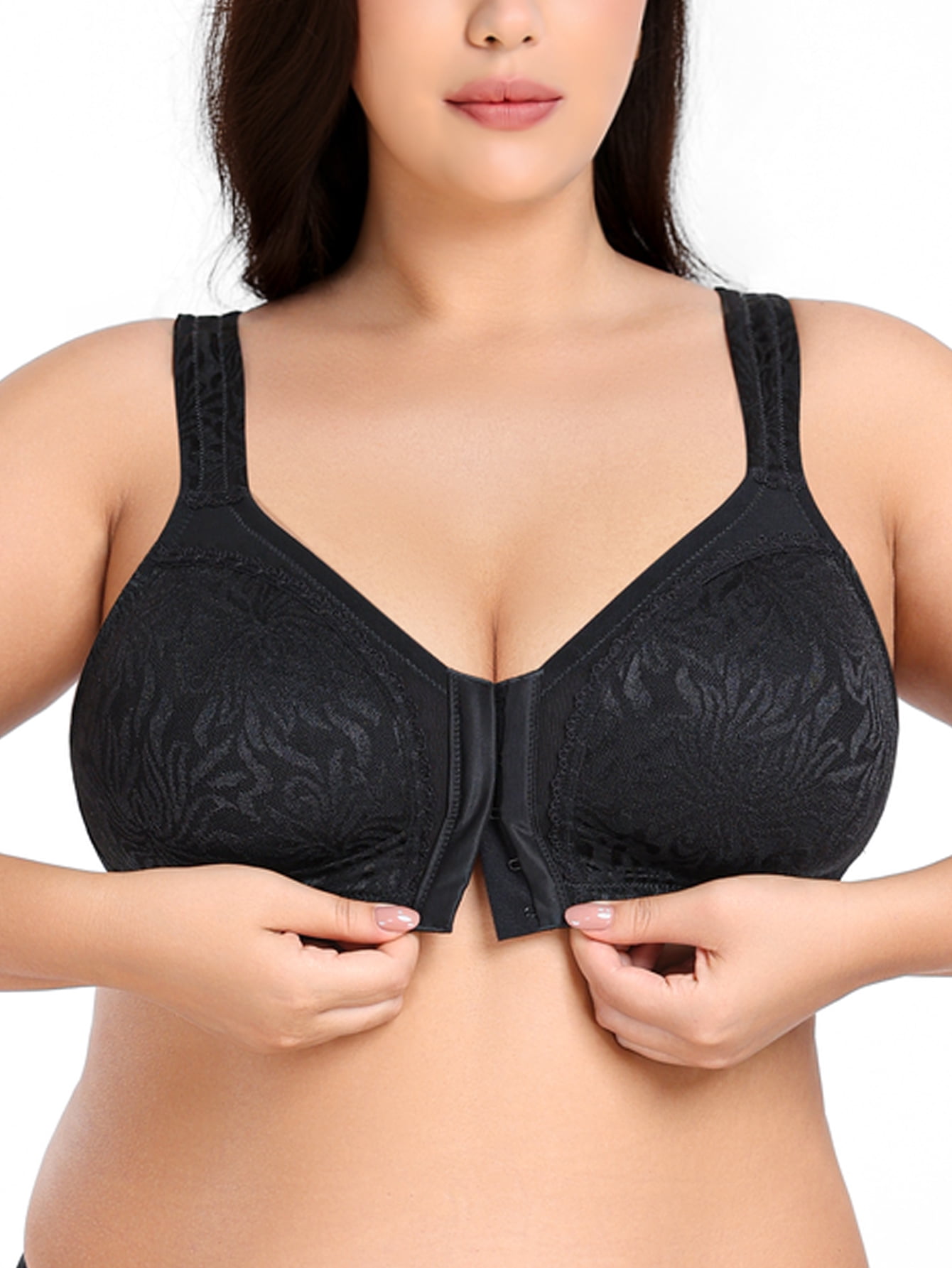 Deyllo Women Plus Size Front Closure Bras High Support Minimizer Bras Full Coverage Wireless Bras Non Padded Soft Comfort Black Bra Clothes Size 44C