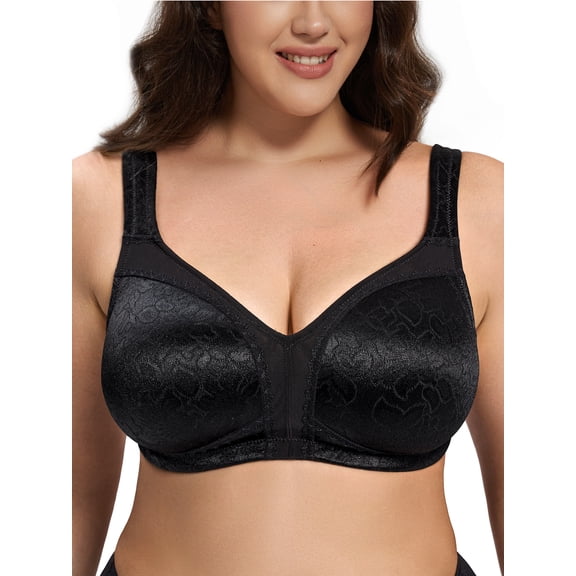 Deyllo Women Plus Size Minimizer Bra Soft Cup Wire-Free Bra Comfort Support Large Bust Black Bras Clothes Size 36C