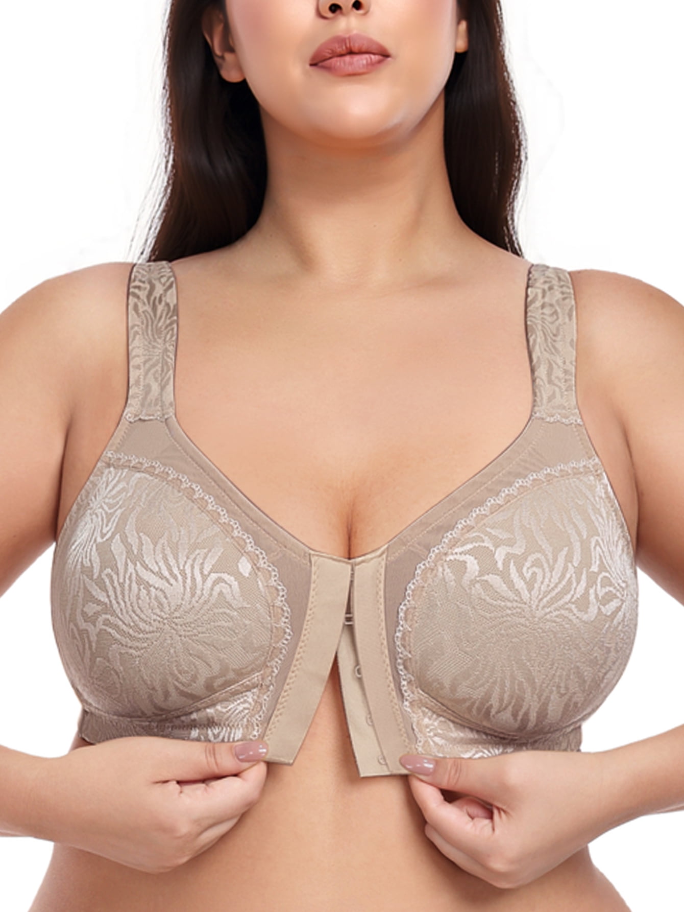 Deyllo Women Plus Size Minimizer Bras Front Closure Full Coverage Bras No Underwire Unlined Comfort Brown Bras Clothes Size 40DD