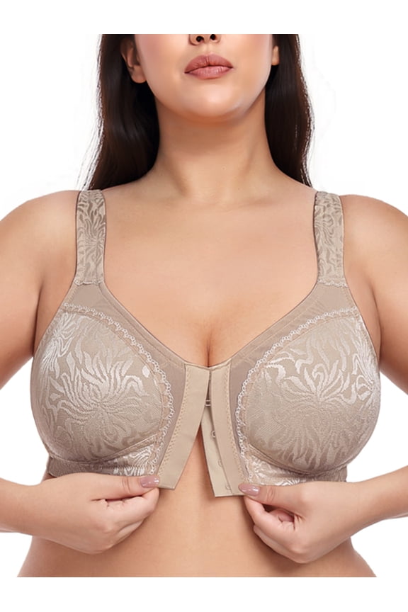 Women Plus Size Minimizer Bras Front Closure Full Coverage Bras No Underwire Unlined Comfort Brown Bras Clothes Size 40DD