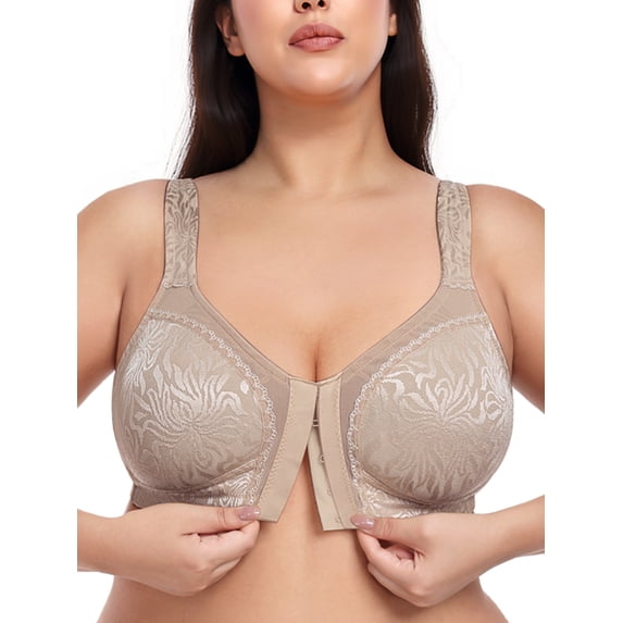 Deyllo Women Plus Size Minimizer Bras Front Closure Full Coverage Bras No Underwire Unlined Comfort Brown Bras Clothes Size 42DD