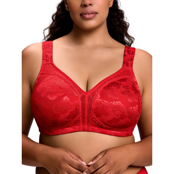 Deyllo Women Plus Size Minimizer Bras Full Coverage Wirefree Non Padded Bra Large Bust Red Bras Clothes-Size 46D