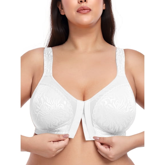 Deyllo Women Plus Size Wireless Bras Front Closure Minimizer Bras Full Coverage Unlined White Bras Clothes Size 38DDD