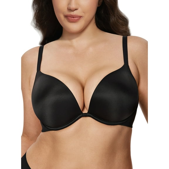 Deyllo Women Push Up Bra Seamless Lightly Padded Underwire Add 2 Cups Up Bras Lift Up Black Bras Clothes Size 38DD