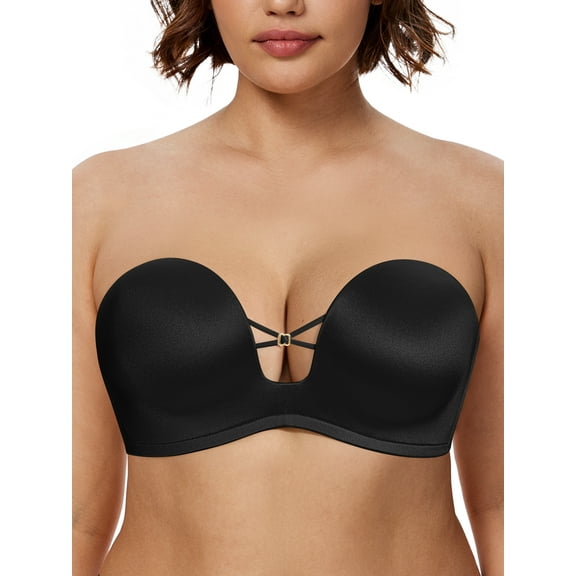 Deyllo Women Push Up Strapless Bra Lift Support Underwire Bras Black Wirefree Padded Smoothing Seamless T-Shirt Bras Clothes Size 32C