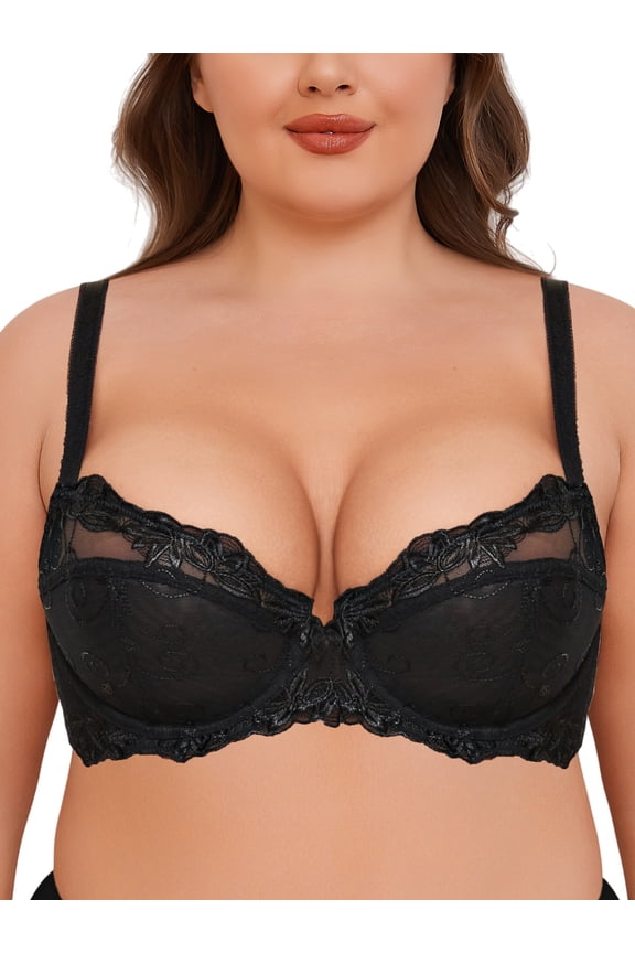 Women Push up Lace Bra Plus Size Unpadded Full Cup Underwire Support Demi See Though Bra, Black 38DDD