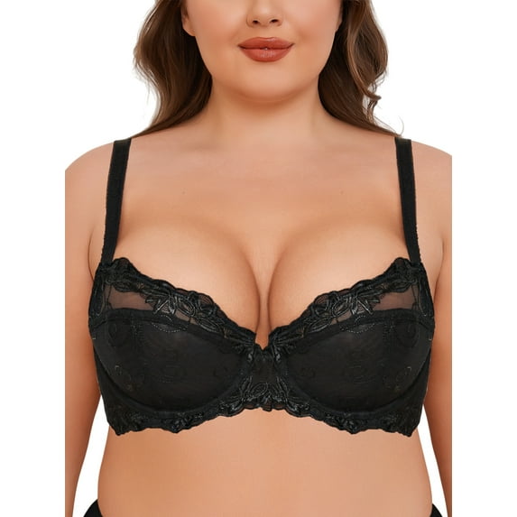 Deyllo Women Push up Lace Bra Plus Size Unpadded Full Cup Underwire Support Demi See Though Bra, Black 44G