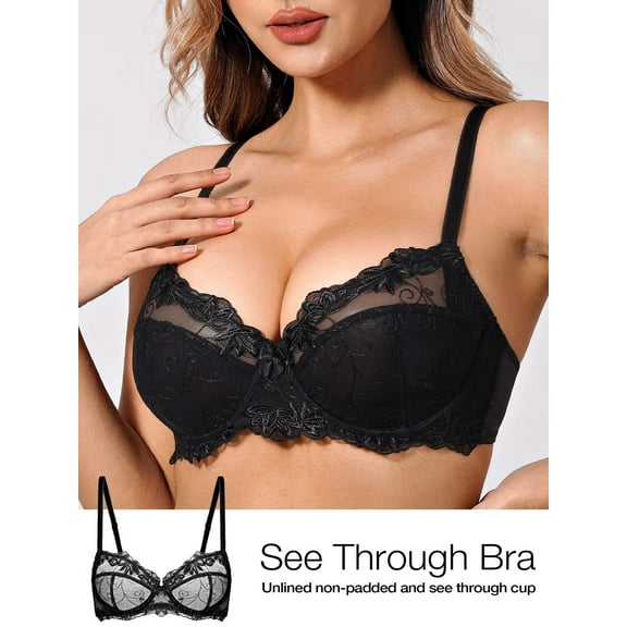 Deyllo Women Push up Lace Bras Plus Size Unpadded Full Figue Underwire Support Demi See Though Bra, Black 38C