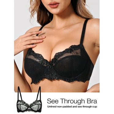 Deyllo Women Push up Lace Bras Plus Size Unpadded Full Figue Underwire Support Demi See Though Bra, Black 38C