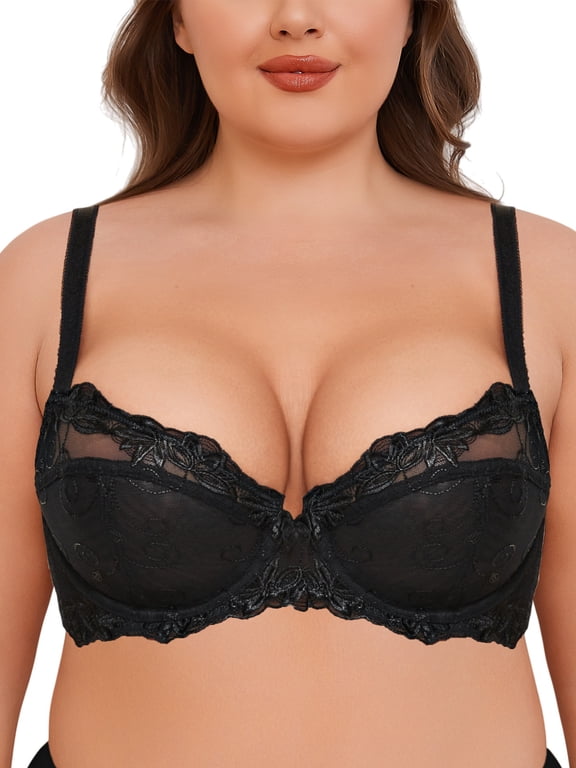 Women Push up Sexy Lace Bras Unpadded Full Cup Underwire Demi See Though Bra, Black 34DDD