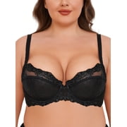 Deyllo Women Push up Sexy Lace Bras Unpadded Full Cup Underwire Demi See Though Bra, Black 36C