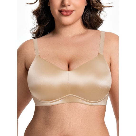 Deyllo Women Seamless Wireless Minimizer Bras Breathable Unlined Bralette Beige V Neck Full Coverage T-Shirt Bra Clothes Size 36DDD
