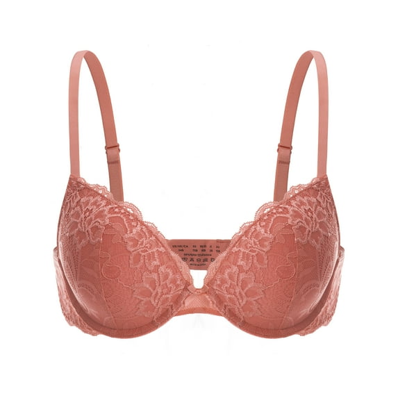 Deyllo Women Lace Push Up Padded Plunge Add Cups Underwire Support Lift Up Bra, Rose Pink 32DDD