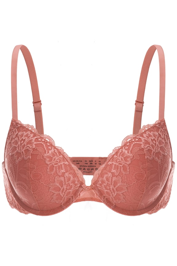 Women Lace Push Up Padded Plunge Add Cups Underwire Support Lift Up Bra, Rose Pink 32DDD