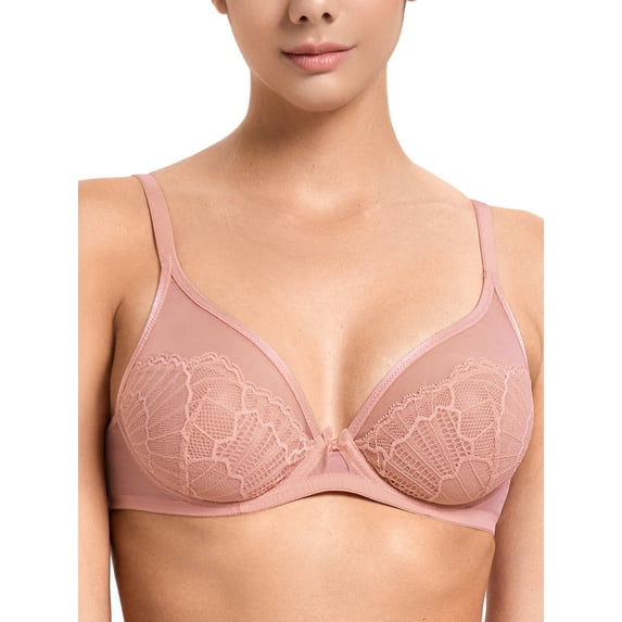 Deyllo Women Sexy Lace See-Through Bra Push Up Unlined Bras Underwire Support Non Padded Pink Underwear Bras 32DDD