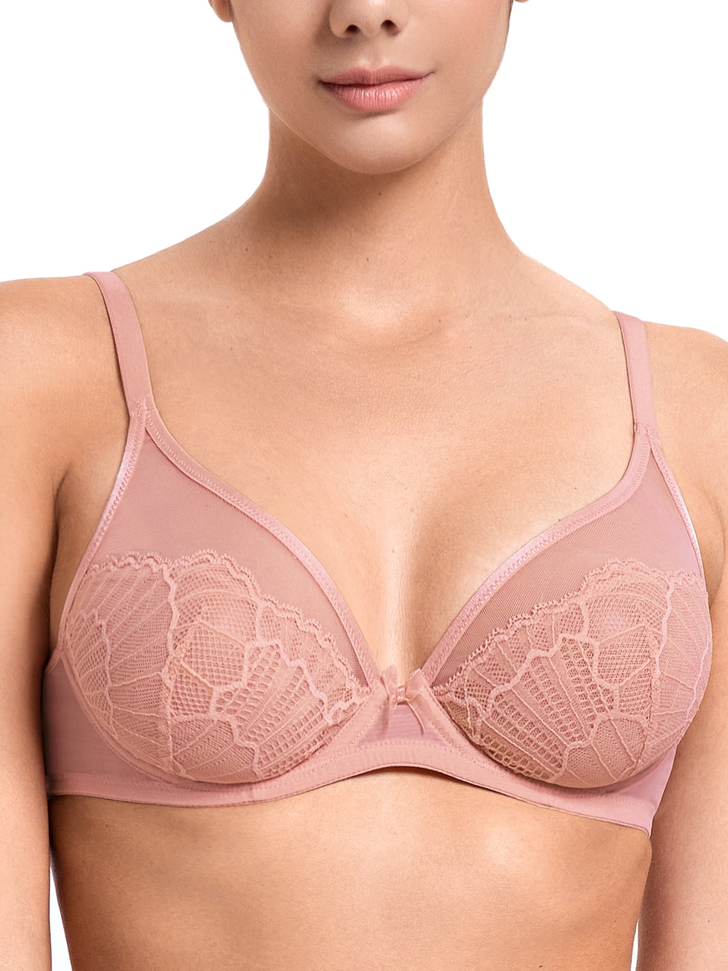Deyllo Women Sexy Lace See-Through Bra Push Up Unlined Bras Underwire Support Non Padded Pink Underwear Bras 34D