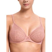 Deyllo Women Sexy Lace See-Through Bra Push Up Unlined Bras Underwire Support Non Padded Pink Underwear Bras 36DD
