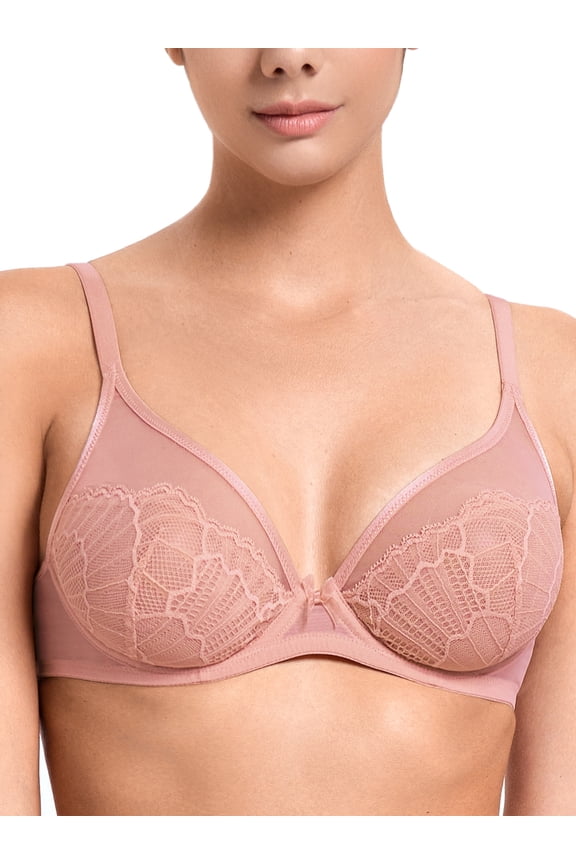 Women Sexy Lace See-Through Bra Push Up Unlined Bras Underwire Support Non Padded Pink Underwear Bras 38C