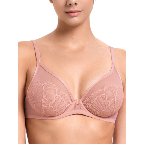 Deyllo Women Sexy Lace See-Through Bra Push Up Unlined Bras Underwire Support Non Padded Pink Underwear Bras 40C