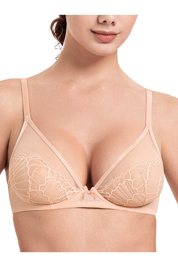 Women Sheer Mesh See-Through Bra Unpadded Underwire Support Bras Push Up Unlined Comfort Beige Underwear Bras 34DD