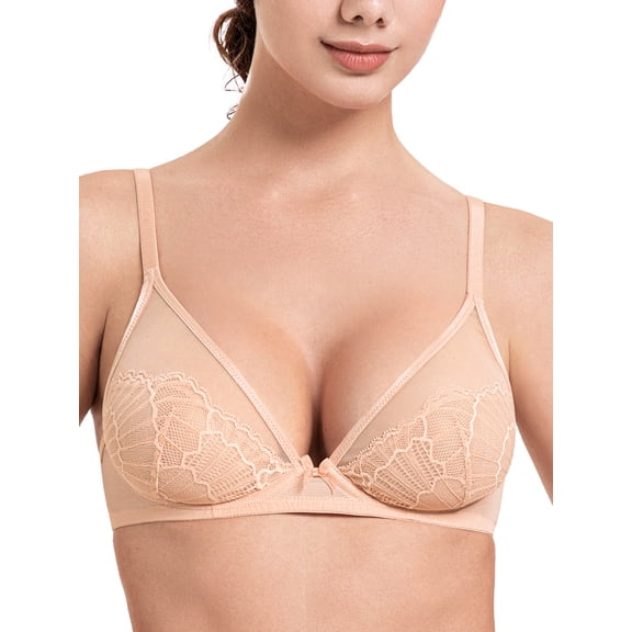 Deyllo Women Sheer Mesh See-Through Bra Unpadded Underwire Support Bras Push Up Unlined Comfort Beige Underwear Bras 38DD