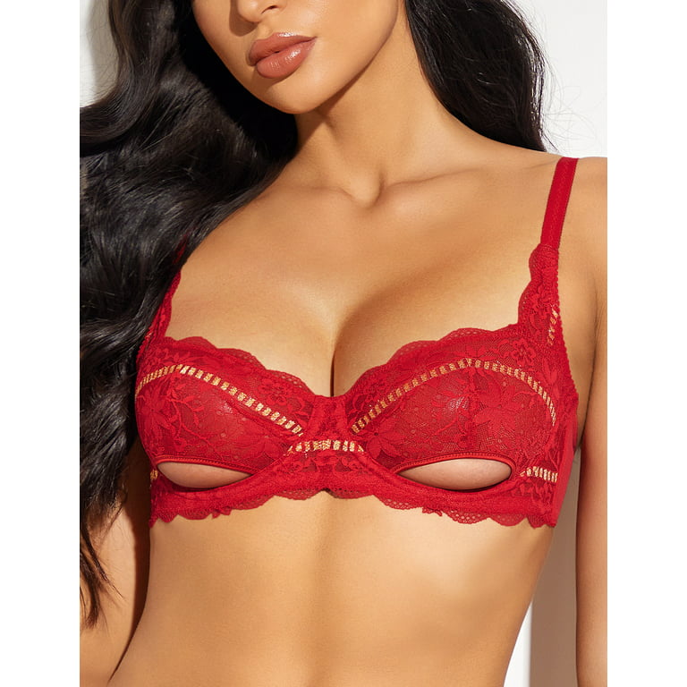 Deyllo Women's Balconette Bra Sexy Shimmer Lace Underwire Bras Unlined 1/2 Cup  Sheer Bralette Red 32D Valentine's Day Gift 