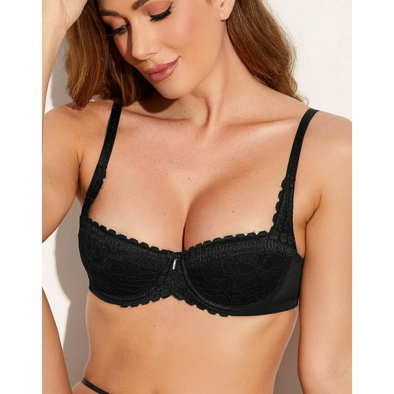 Deyllo Women's Balconette Push Up Bra Sexy Lace Lightly Padded Bra Underwire Demi Bras Plus Size,Black 40D