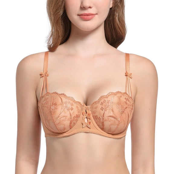 Deyllo Women’s EmbroideOrange Lace Unlined Bra 1/2 Cup Demi Sheer See Through Underwire Bras Non Padded,Orange 34D