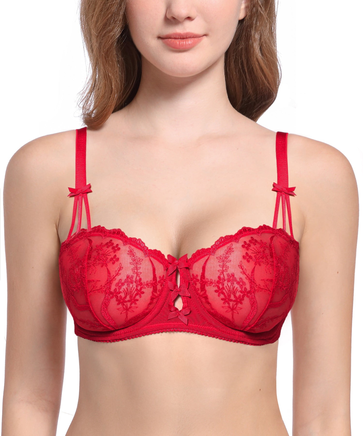 Deyllo Women's Embroidered Lace Unlined Bra 1/2 Cup Demi Sheer See Through  Underwire Bras Non Padded,Milk coffee 36DD 