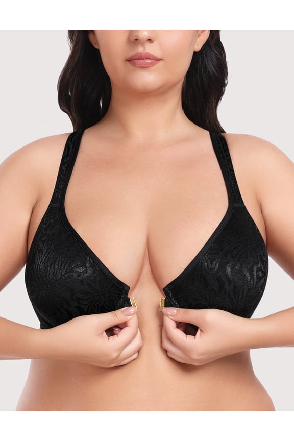 Women's Front Closure Push Up Minimizer Bras Plus Size Racerback Full Coverage Non Padded Underwire Support Bra,Black 38DDD