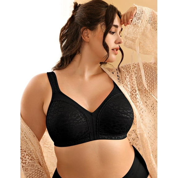 Deyllo Women's Full Coverage Wireless Bras Plus Size No Wire Non Padded Minimizer Bra, Black 42DD