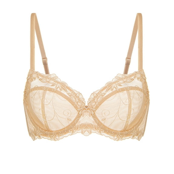 Deyllo Women's Lace Bra Non Padded Full Cup Underwire Push up See Through Plus Size Bra, Beige 34H