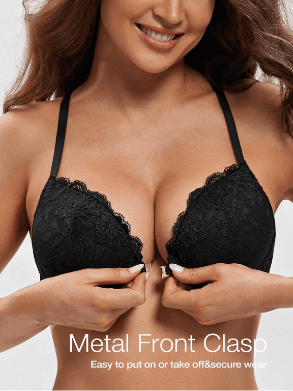 Women's Lace Front Clourse Push Up Bra Padded Plunge Underwire Racerback Bra, Black 32B