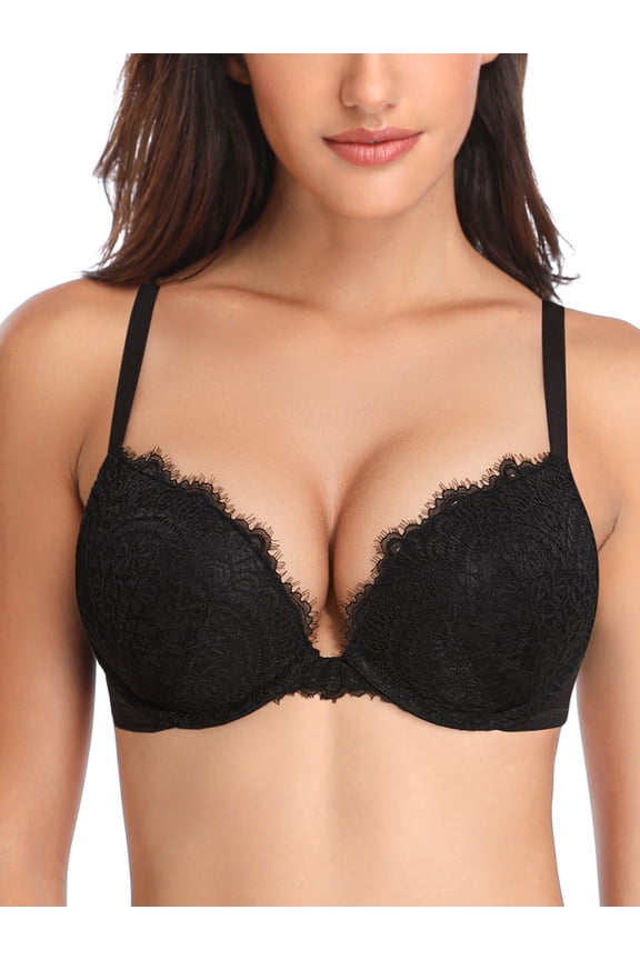 Women's Lace Push Up Bra Padded Add Cup Plunge Underwired Support Bras, Black 32B