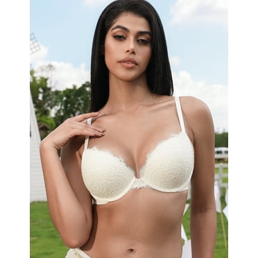 Deyllo Women's Lace Push Up Bra Padded Add Cup Plunge Underwired Support T-shirt Bras, Ivory White 38D