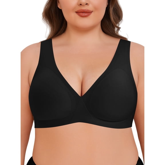 Deyllo Women's No Wire Wireless Bras Plus Size Full Coverage Support Seamless Smooth Comfort Sleep Everyday T-shirt Bra Large Breast, Black 2XL