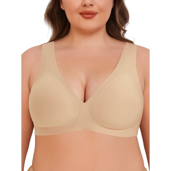 Deyllo Women's No Wire Wireless Bras Plus Size Full Coverage Support Smooth Comfort Sleep Daily Seamless T-shirt Bra Large Breast, Dark Nude 2XL