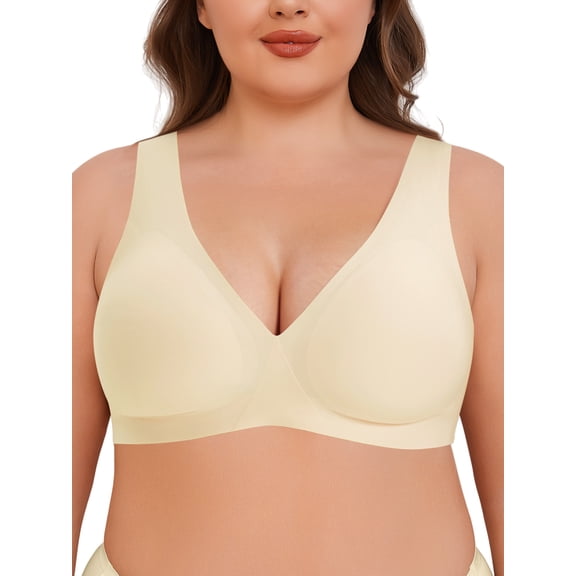 Deyllo Women's No Wire Wireless Bras Plus Size Full Coverage Support Smooth Comfort Sleep Daily Seamless T-shirt Bra Large Breast, Dark Nude S