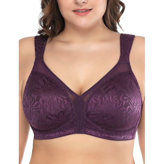 Deyllo Women's Non Padded Wireless Bras Plus Size Full Coverage Minimizer Bra, Purple 44DD