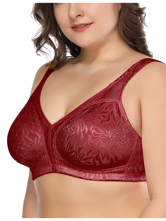 Women's Non Padded Wireless Bras Plus Size Full Coverage Minimizer Bra, Red 40G