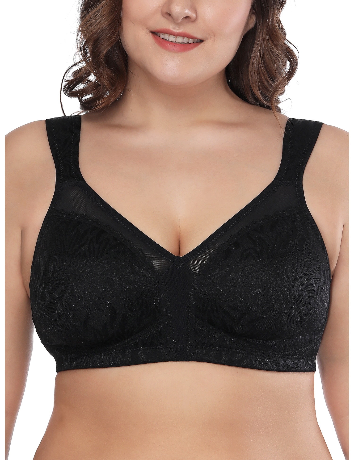 Deyllo Women's Non Padded Wireless Plus Size Full Coverage Minimizer Bra, Black 46DD