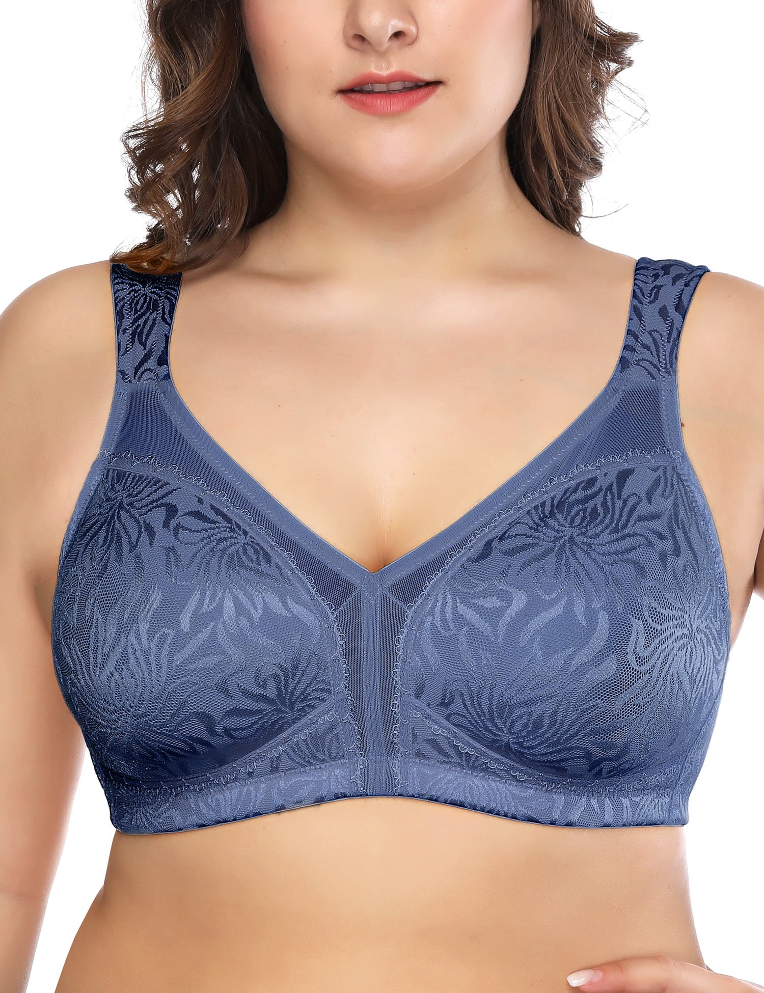 Deyllo Women's Non Padded Wireless Plus Size Full Coverage Minimizer Bra, Blue 46DD